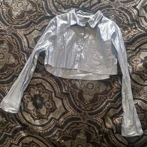 H&M and Justine sky collaboration grey metallic button up long sleeve
